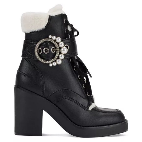 Karl Lagerfeld Paris Dottie Faux Fur Block Heel Leather Booties Size 7 - Picture 4 of 12